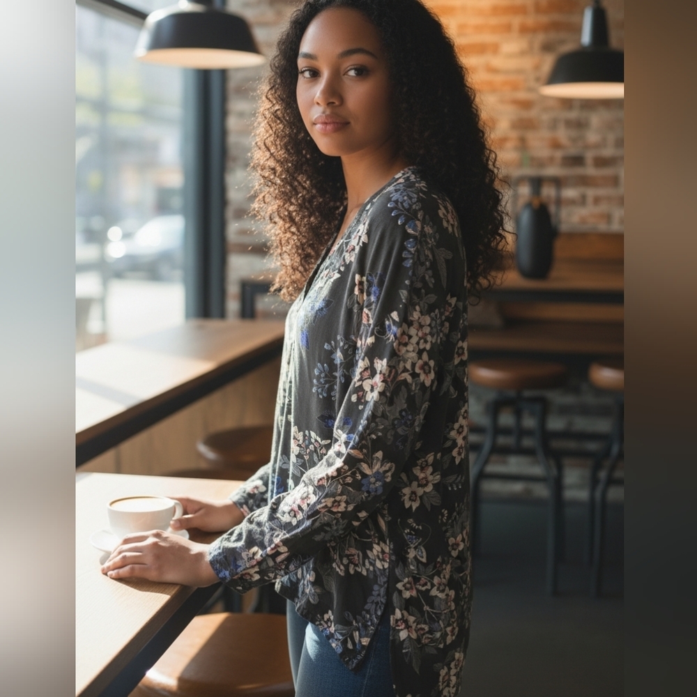Elegant Floral Women's Blouse in Charcoal Floral